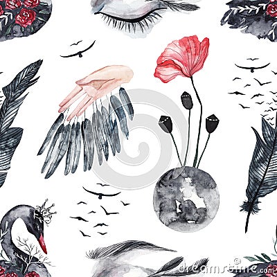 Seamless pattern with watercolor eyes and swans, feathers and birds, red flowers Stock Photo