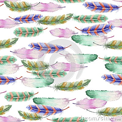 Seamless pattern of watercolor feathers Stock Photo