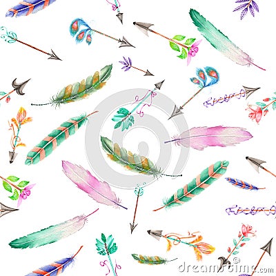 Seamless pattern of watercolor feathers and romantic arrows Stock Photo