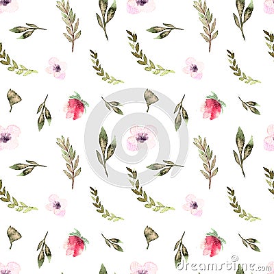 Seamless pattern watercolor floral design: garden rose peony, powder white pink, branch green Stock Photo