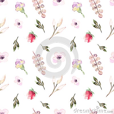 Seamless pattern watercolor floral design: garden rose peony, powder white pink, branch green Stock Photo