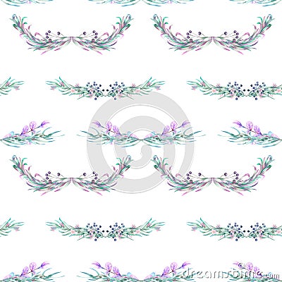 Seamless pattern with watercolor floral ornament from green and purple plants Stock Photo