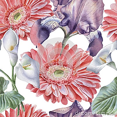 Seamless pattern with watercolor flowers. Iris. Gerbera. Calla. Stock Photo