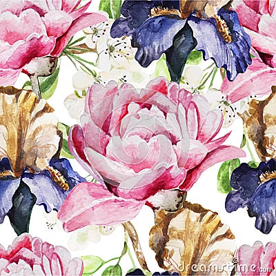 Seamless pattern with watercolor flowers. Iris Vector Illustration