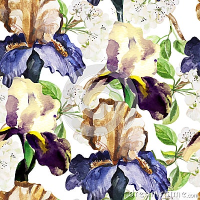 Seamless pattern with watercolor flowers. Iris Vector Illustration