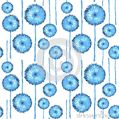 Seamless pattern of watercolor fluffy dandelions. Blue wild flowers on a white isolated background. Stock Photo