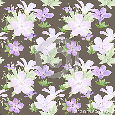 Seamless pattern of watercolor geranium flowers. Perfect for web design, cosmetics design, package, textile, wedding invitation, Stock Photo