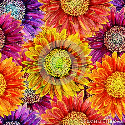 Seamless pattern with watercolor gerbera flower. Cartoon Illustration