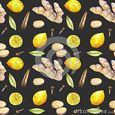 Seamless pattern with watercolor ginger, lemon and spices elements Stock Photo