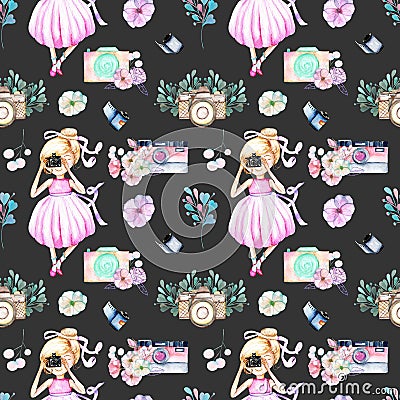 Seamless pattern with watercolor Girl-photographer, retro cameras and floral elements Stock Photo