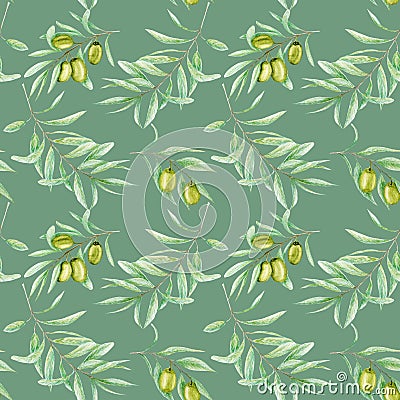 Seamless pattern Watercolor green olive tree branch leaves, Realistic olives illustration on dark background, Hand Cartoon Illustration