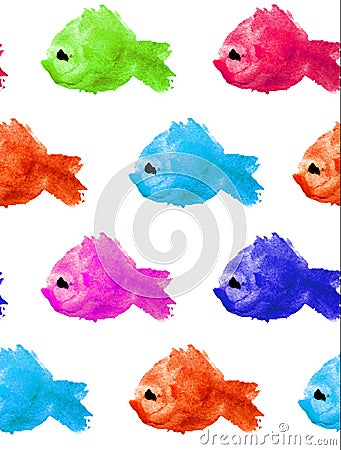 Seamless pattern of watercolor green red blue yellow pink silhouettes of fishes with black eye on white background isolated in the Stock Photo