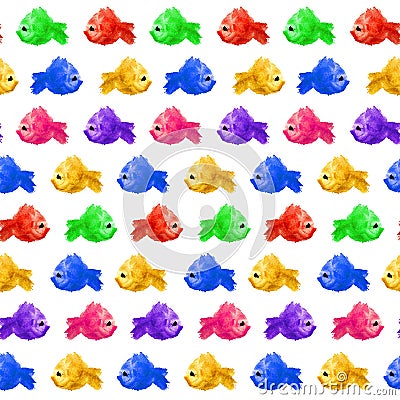 Seamless pattern of watercolor green red blue yellow silhouettes of fishes with black eye on white background isolated in the Stock Photo