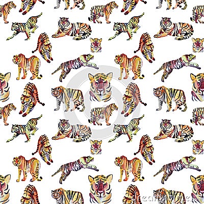 Seamless pattern watercolor hand drawn abstract jump tiger wild cat on white background. Chinese symbol new year. Orange Stock Photo