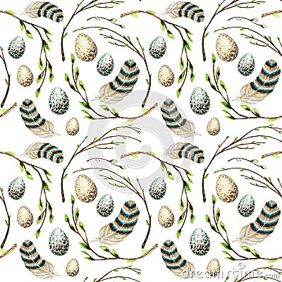 Seamless pattern Watercolor hand drawn Easter eggs, bird Bright feather, willow tree branch with green leaves Stock Photo