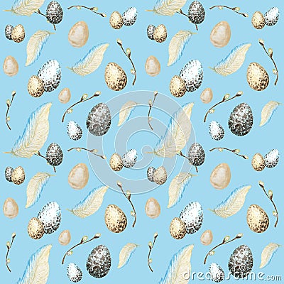 Seamless pattern Watercolor hand drawn Easter eggs, bird Bright feather, willow tree branch with green leaves Stock Photo