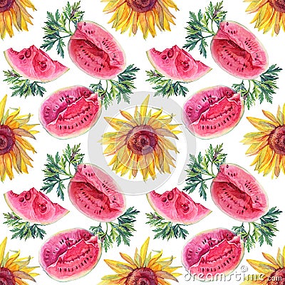 Seamless pattern watercolor hand drawn slice of watermelon, sunflower, green leaves on white. Summer autumn sweet food Stock Photo