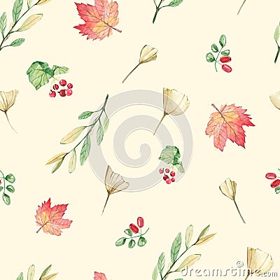 Seamless pattern with watercolor hand painted autumn leaves foliage inspired by garden greenery and plats. Hand painted fall folia Stock Photo