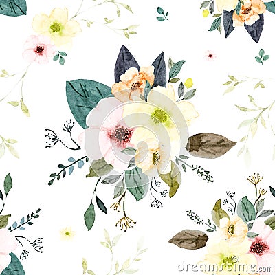Seamless pattern with watercolor hand painted flower and leaves Stock Photo