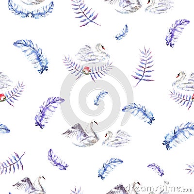 Seamless pattern with watercolor hand painted swans, feathers, twigs Stock Photo