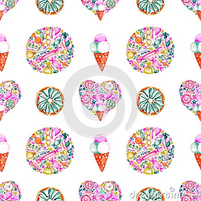 Seamless pattern watercolor hand painted sweet donuts and ice cream cone Print for fabric or scrapbook digital paper Stock Photo