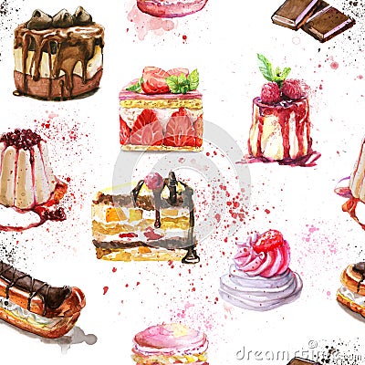 Seamless pattern with watercolor hand painted sweet and tasty cakes Stock Photo