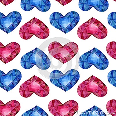 Seamless pattern with watercolor hearts. Polygon blue and red hearts. Background with hearts. Great for Valentine`s Day, Mother` Stock Photo