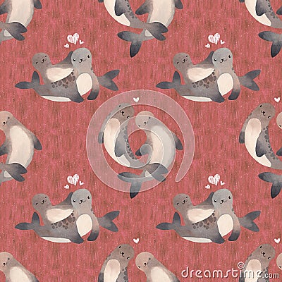 Seamless pattern. Watercolor illustration with cute seal love couple on red textured background with hearts Cartoon Illustration