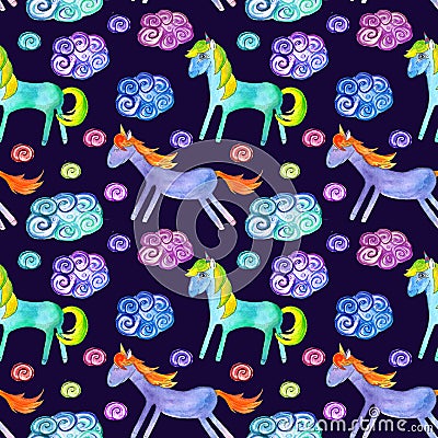 Seamless pattern of watercolor illustrations: unicorns purple and turquoise color with clouds on dark purple background Cartoon Illustration