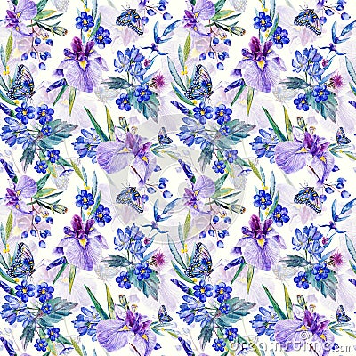 Seamless pattern. Watercolor iris, leaves, butterfly. Stock Photo