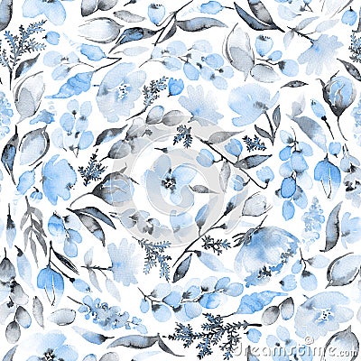 Seamless pattern with watercolor leaves and blue flowers. Stock Photo