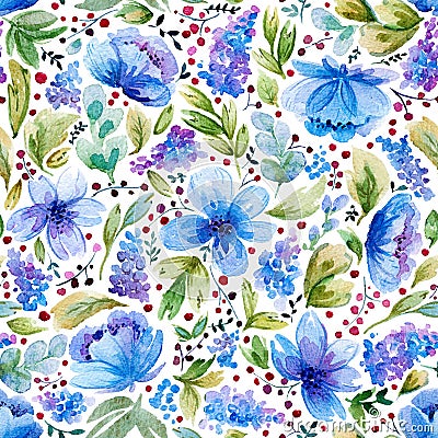 Seamless pattern with watercolor leaves and blue flowers. Stock Photo