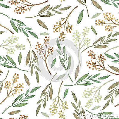 Seamless pattern with watercolor leaves and branches Cartoon Illustration