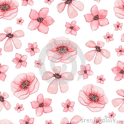 Seamless Pattern of Watercolor Light Pink Flowers Stock Photo