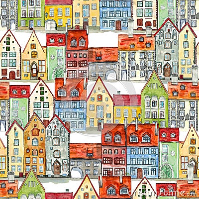 Seamless pattern of watercolor medieval houses Cartoon Illustration