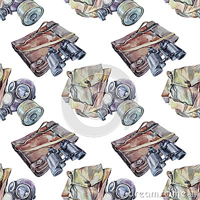 Seamless pattern watercolor military vintage gas mask, bag, brown retro file folder and binoculars on white background Stock Photo