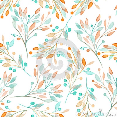 Seamless pattern with the watercolor mint and orange leaves and branches on a white background Stock Photo