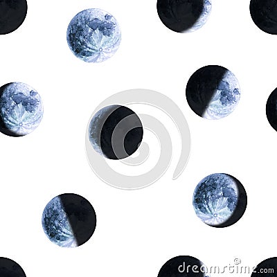 Seamless pattern of watercolor moon phases. Hand drawn illustration isolated on white. Painted Earth satellite Cartoon Illustration