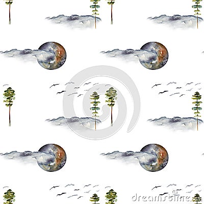Seamless pattern with watercolor nature views, clouds, moon and pine trees Stock Photo