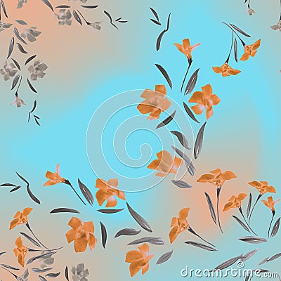 Seamless pattern watercolor orange flowers on a turquoise carrot background Stock Photo