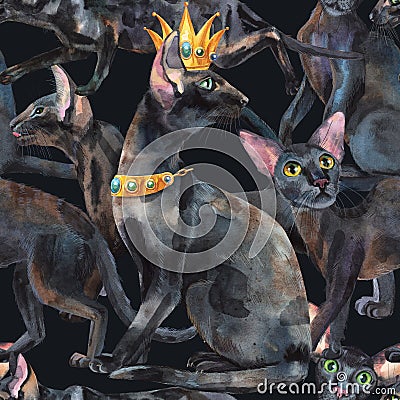 Seamless pattern of oriental black cats. Painting animal illustration Stock Photo