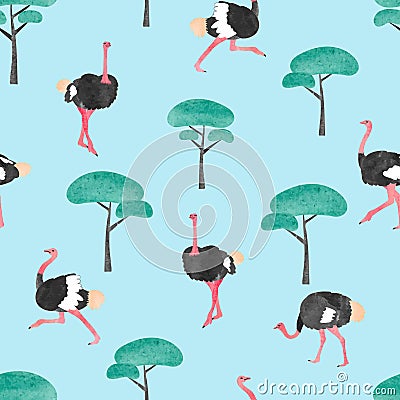 Seamless pattern with watercolor ostrich and trees. Vector Illustration