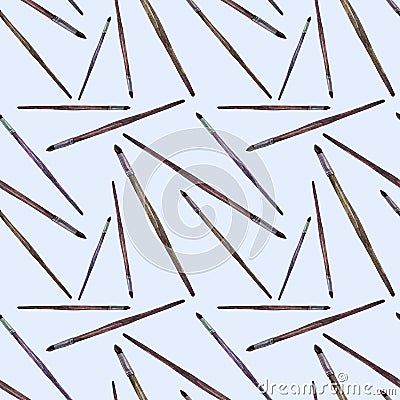 Seamless pattern watercolor paint brush for artist, repairs tool, make-up on blue. Creative hand drawn background for Stock Photo