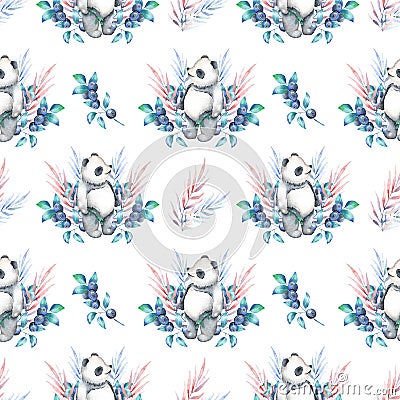 Seamless pattern with watercolor panda, blueberry and plants Stock Photo