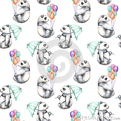 Seamless pattern with watercolor pandas with air baloons and umbrella Stock Photo