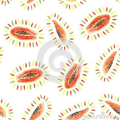 Seamless pattern of watercolor papaya, colorful brush strokes. Isolated bright illustration on white. Hand painted fruits Cartoon Illustration