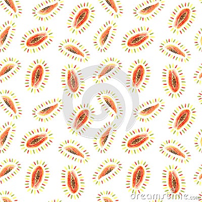 Seamless pattern of watercolor papaya, colorful brush strokes. Isolated bright illustration on white. Hand painted fruits Cartoon Illustration
