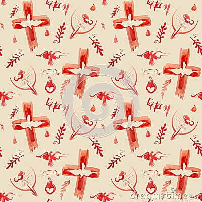 Seamless pattern of watercolor `Pentecost`: red elements of the cross, dove, twigs, fire Stock Photo