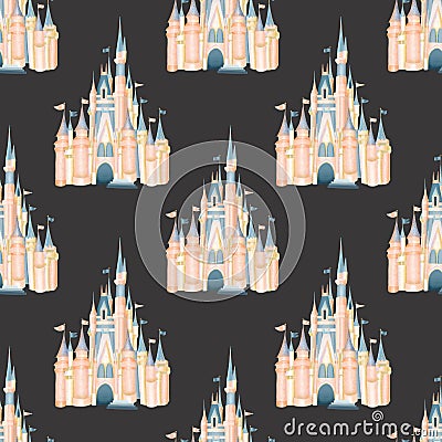 Seamless pattern with watercolor pink castle from magic kingdom Stock Photo