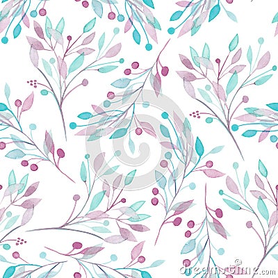 Seamless pattern with the watercolor pink, mint and purple leaves and branches on a white background Stock Photo